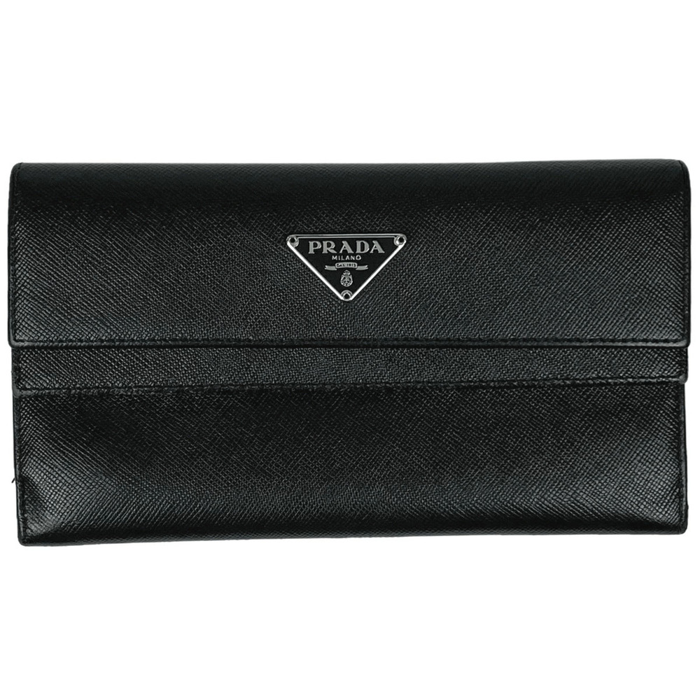 Prada Plate Long Wallet Double Snap Closure Leather Nero Black